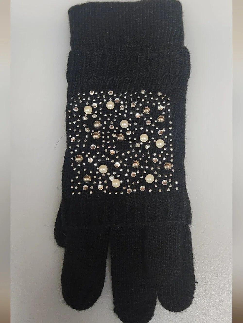 Black Gloves Embellished With Pearls , Rhinestones & Studs .
